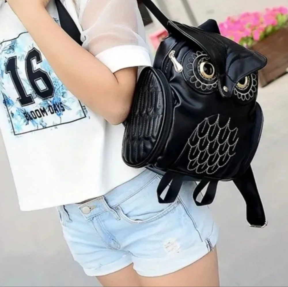 Black Owl-Design Faux Leather Unisex Backpack